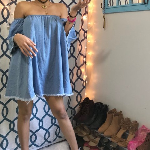 Light Blue Denim Off The Shoulder Dress - Picture 1 of 3